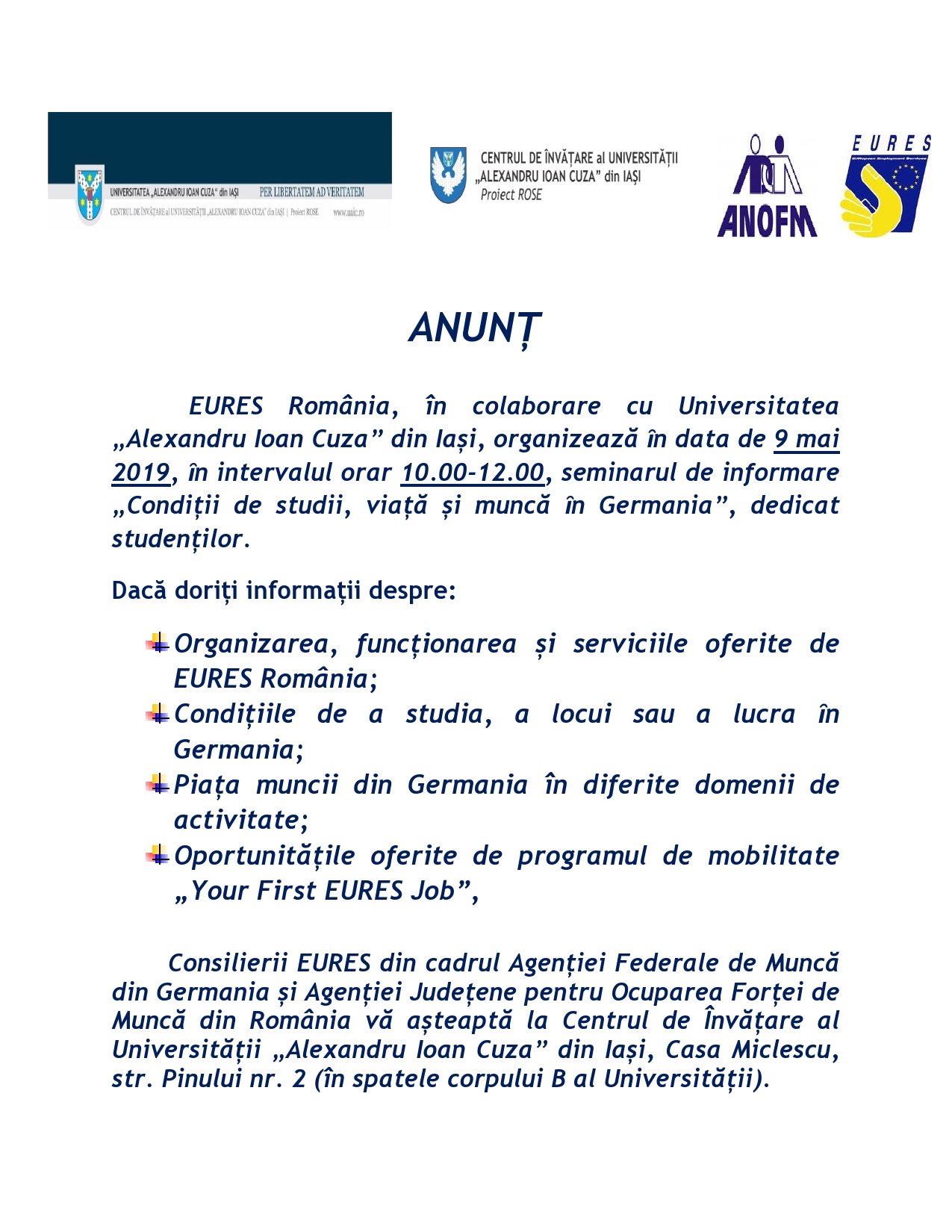 ANUNȚ seminar de informare AJOFM EURES UAIC